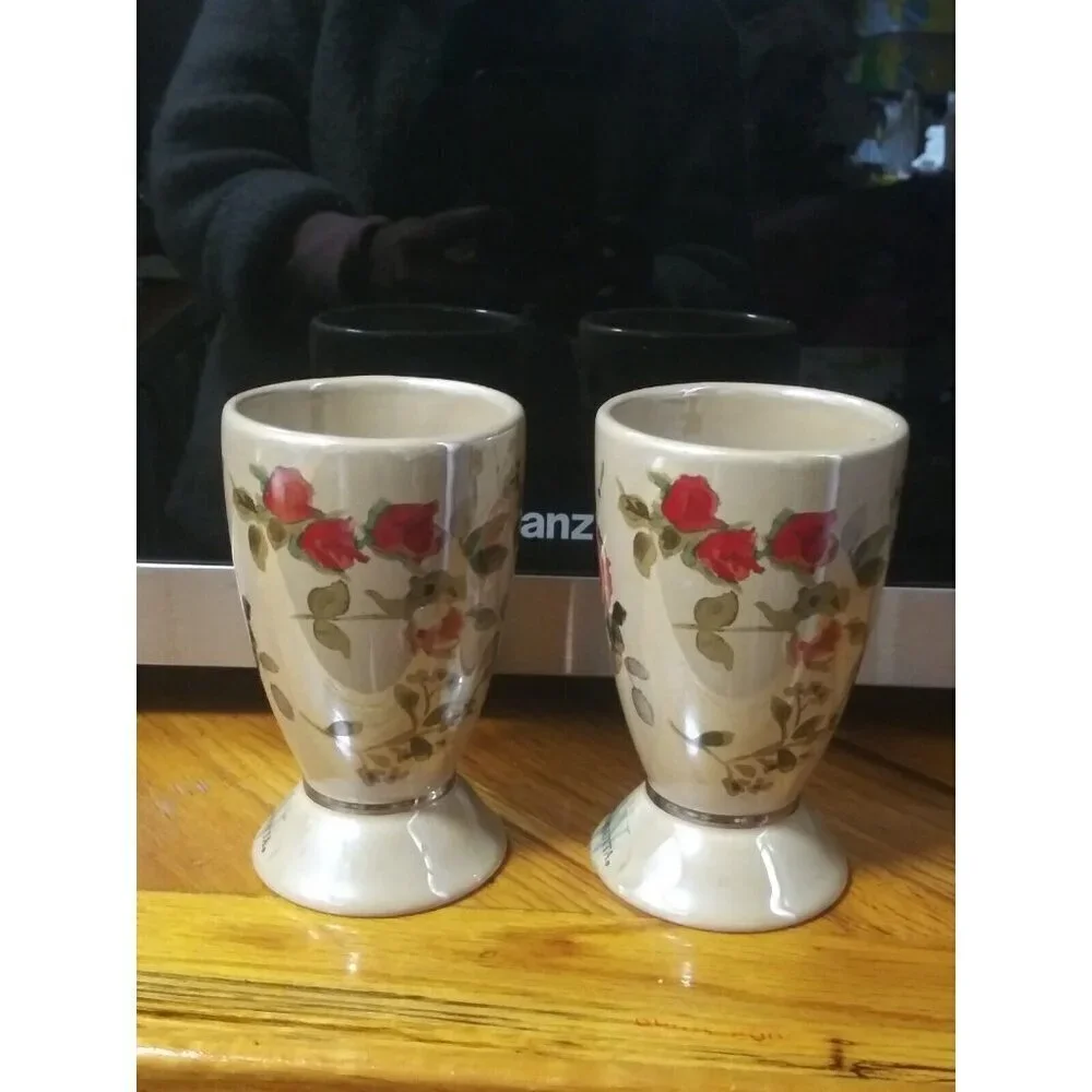 2 Lenox Bathroom Tumblers Wamsutta Springs Floral glazed Ceramic taupe beige